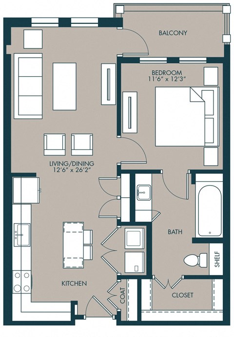 1 bedroom floorplan with 750 square feet at McKinney Village, McKinney, 75069